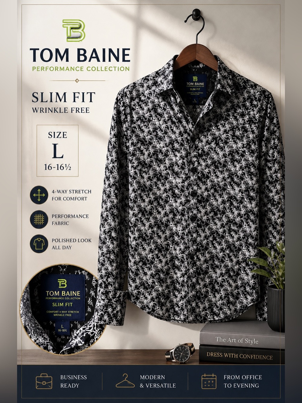 Tom Baine Performance Collection Slim Fit Shirt Black White Print Size L 16-16.5